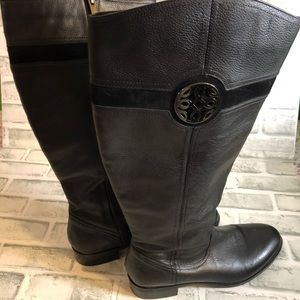 Black leather wide calf tall boots w/suede stripe